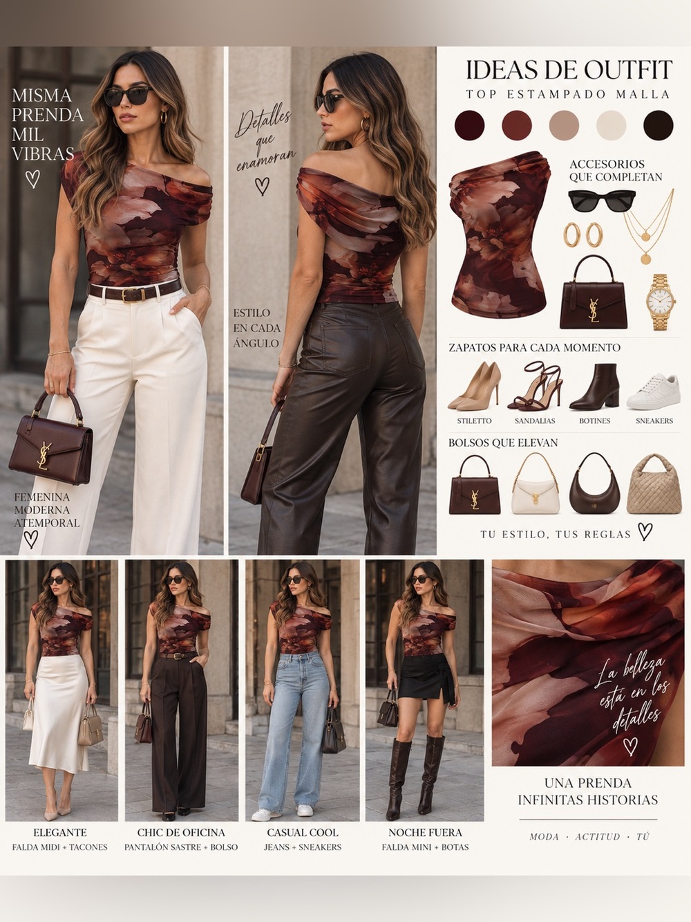 Off-Shoulder Floral Camisole Top in Burgundy and Taupe
